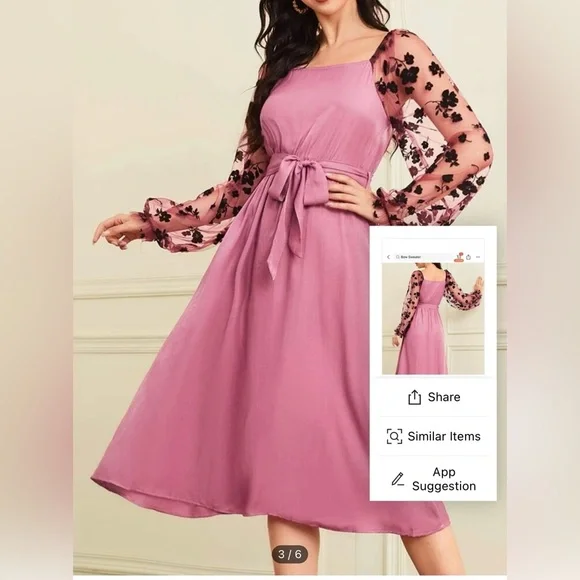 Brand New Floral Print Mesh Bishop Sleeve Belted Dress - Picture 3 of 6